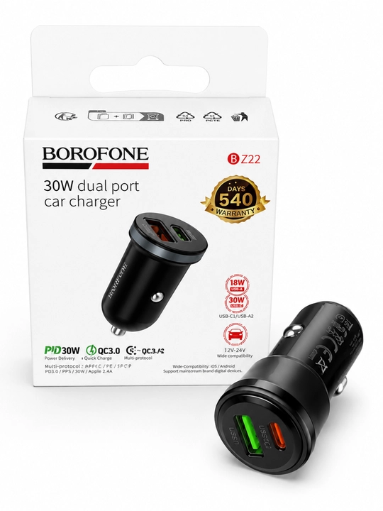30W Avtomobil zaryadlagichi, USB-A + USB-C, tezkor quvvatlash, 2 portli adapter
