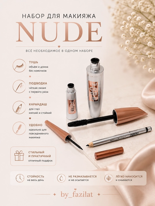 Nude тушь, карандаш, подводка, 3 в 1, набор косметический, женский - 