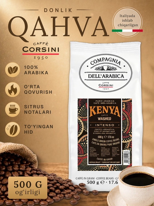 Corsini Kenya Washed qahva donasi 500 g, 100% Arabica