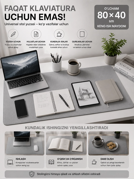 Eko charm stol gilamchasi, kovrik kompyuter 80 x 40, sichqoncha va noutbuk uchun
