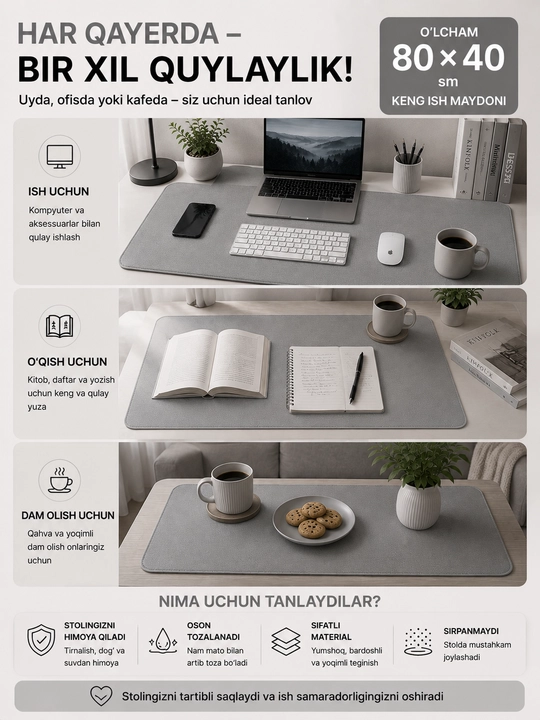 Eko charm stol gilamchasi, kovrik kompyuter 80 x 40, sichqoncha va noutbuk uchun