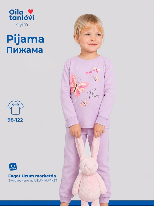 Qiz bolalar uchun pijama uzun yengli, paxtali uy kiyim to'plami longsdiv va shim - 