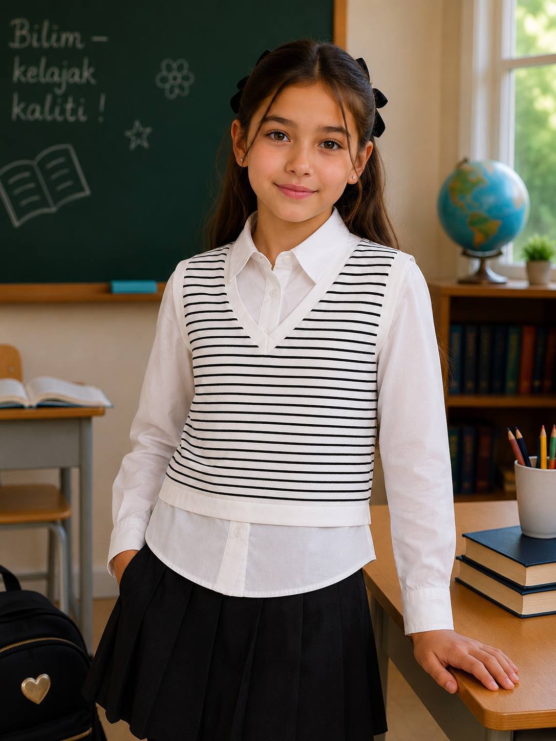 Обманка для девочки, школьная обманка, белая рубашка, 9-10 лет, жилет в полоску