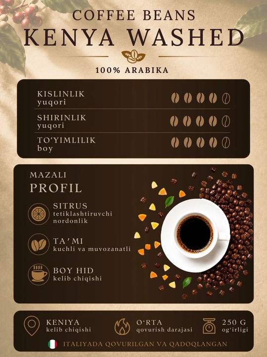 Corsini Kenya Washed maydalangan qahva 250 g 100% Arabika o‘rta qovurilgan