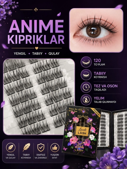 Oʻzi yopishuvchi ulama anime kipriklari, yelim talab qilinmaydi