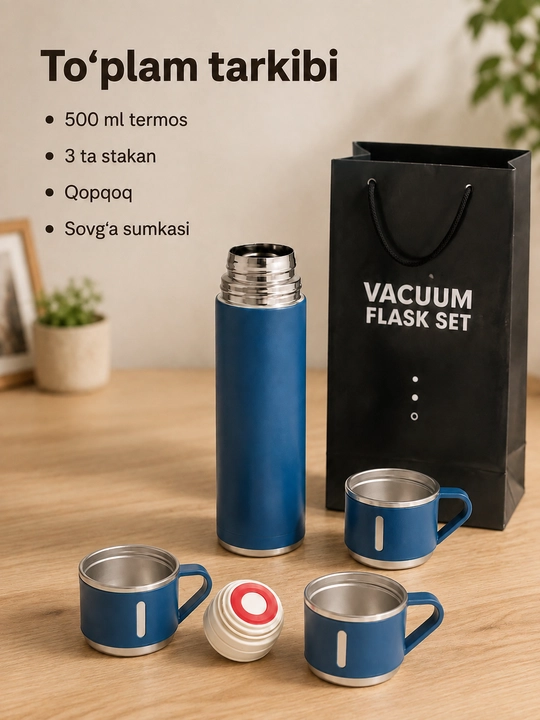 Zanglamaydigan po‘latdan yasalgan termos, 500 ml, 3 ta krujka bilan - 