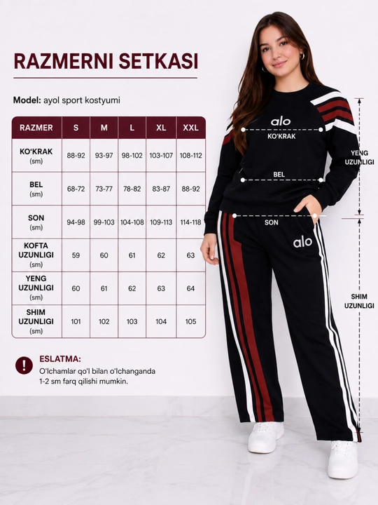 Ayollar sport kostyumi, qora rangli alo uslubidagi ikkilik, kundalik sport to‘plami