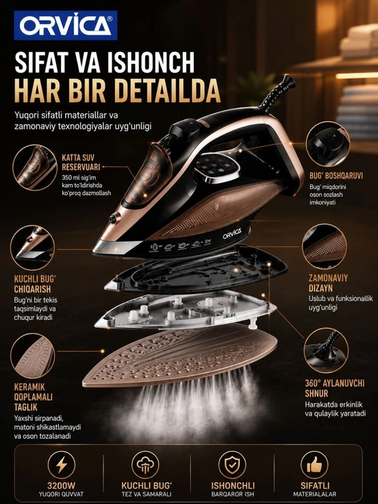 Паровой утюг ORVICA ORM-3544, 3200 Вт, керамическая подошва, автоотключение