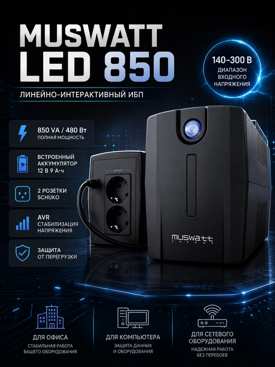 Uzluksiz quvvat manbai MUSWATT LED 850 Line-Interactive UPS 850 VA 480 W - 