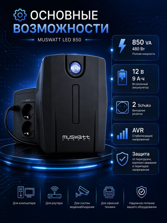 Uzluksiz quvvat manbai MUSWATT LED 850 Line-Interactive UPS 850 VA 480 W