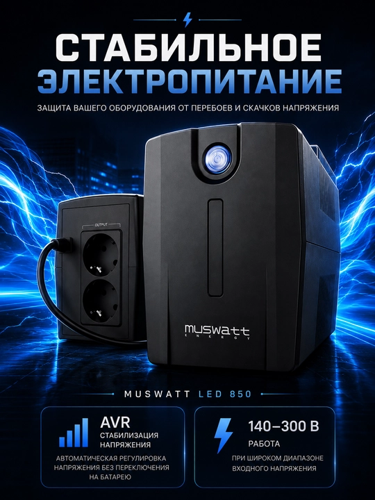 Uzluksiz quvvat manbai MUSWATT LED 850 Line-Interactive UPS 850 VA 480 W