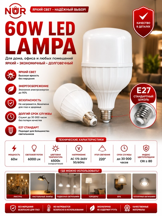 LED lampa E27 220V 5W, 7W, 10W, 12W, 15W, 18W, 20W energiya tejovchi - 