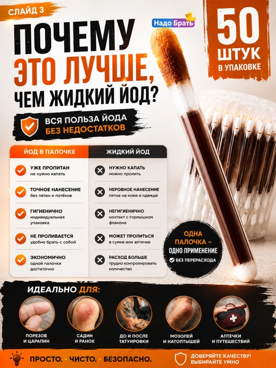 Ватные палочки с йодом и спиртом, 50 штук, индивидуальная упаковка, 3 варианта