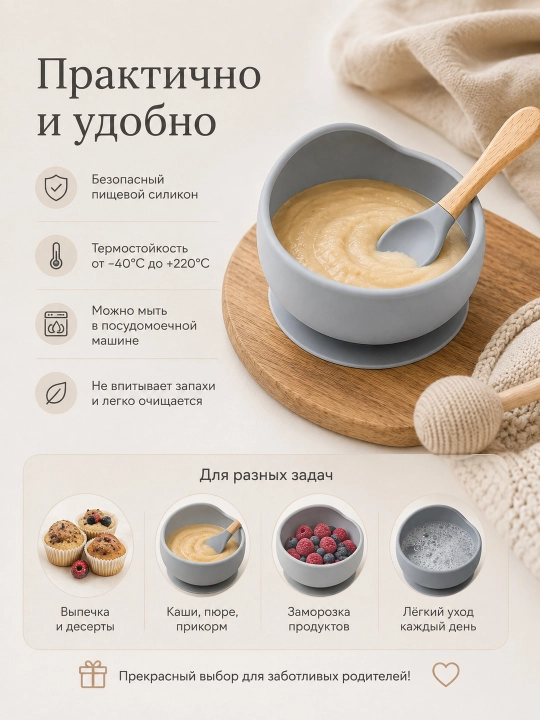 Детский силиконовый набор для кормления, миска на присоске и ложка