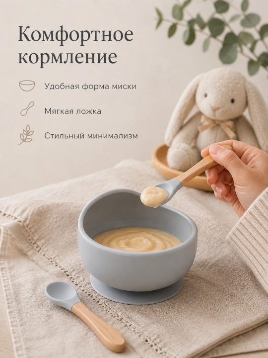 Детский силиконовый набор для кормления, миска на присоске и ложка