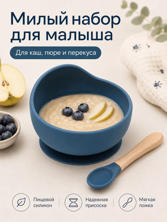 Детский силиконовый набор для кормления, миска на присоске и ложка
