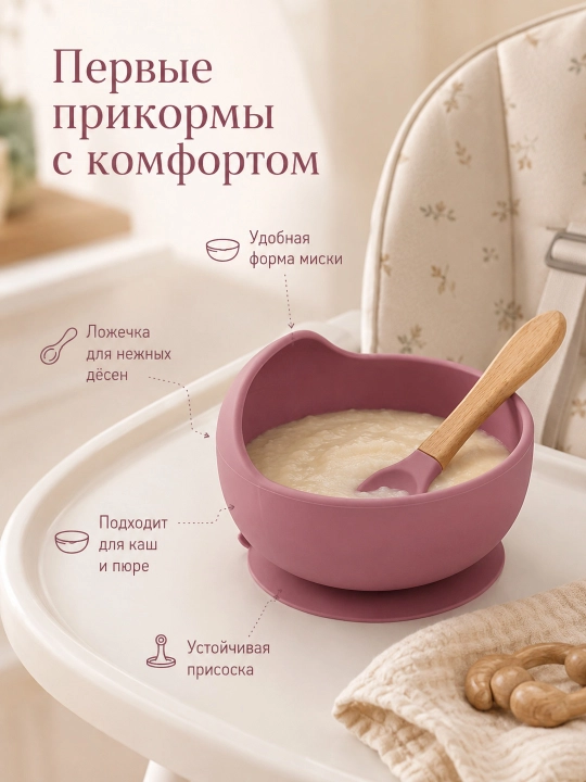 Детский силиконовый набор для кормления, миска на присоске и ложка