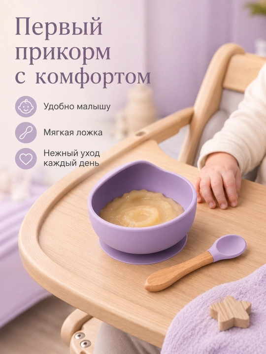 Детский силиконовый набор для кормления, миска на присоске и ложка