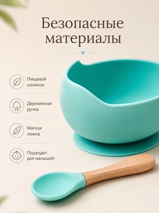 Детский силиконовый набор для кормления, миска на присоске и ложка
