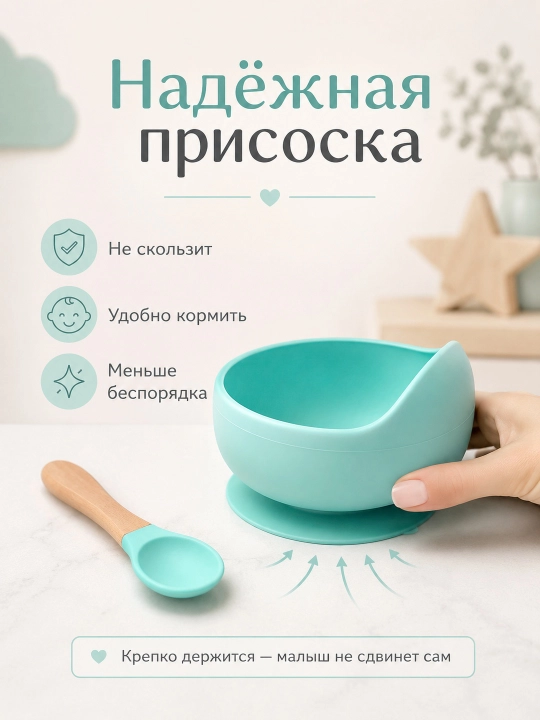 Детский силиконовый набор для кормления, миска на присоске и ложка