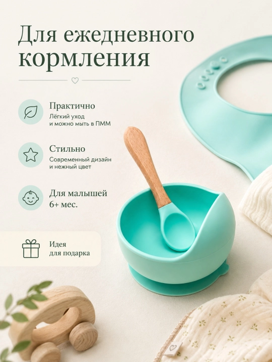Детский силиконовый набор для кормления, миска на присоске и ложка