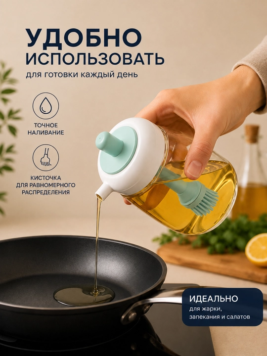 Silikon cho'tkali yog' idishi, dozatorli shisha yog' idishi va quyish tumshug'i bilan