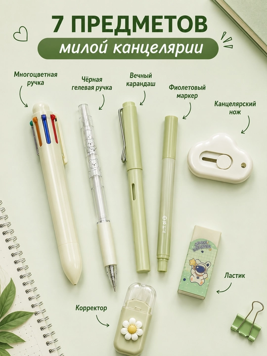 Maktab to‘plamlari: ruchka, doimiy qalam, marker, o‘chirg‘ich, korrektor, kanselyariya pichog‘i
