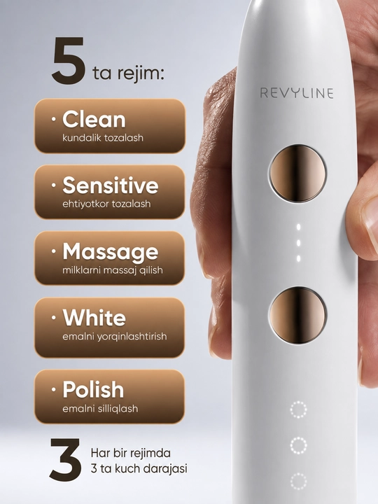 Elektr tish cho‘tkasi Revyline RL 085, tovushli, 5 rejim, bosim sensori, 3 nasadka