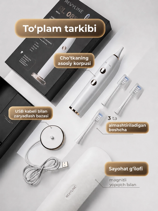 Elektr tish cho‘tkasi Revyline RL 085, tovushli, 5 rejim, bosim sensori, 3 nasadka
