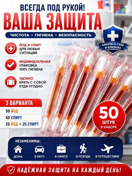 Ватные палочки с йодом и спиртом, 50 штук, индивидуальная упаковка, 3 варианта - 