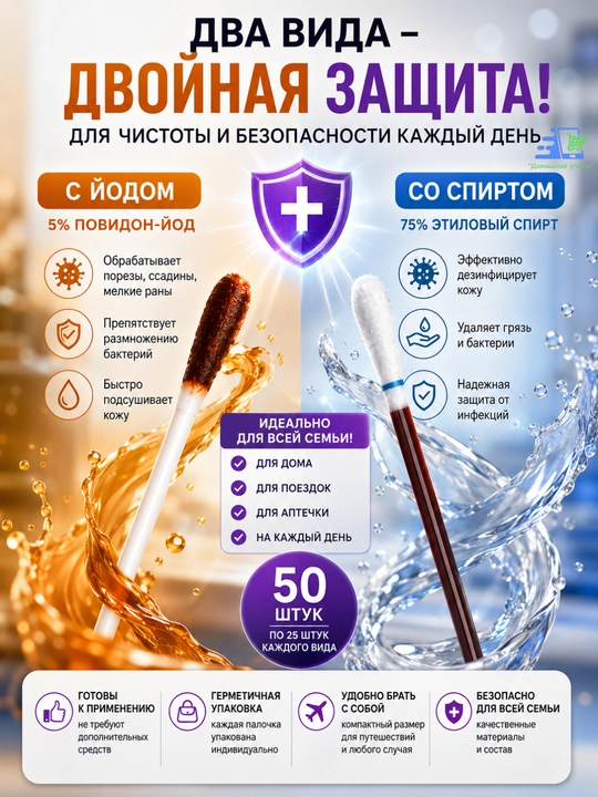 Ватные палочки с йодом и спиртом, 50 штук, индивидуальная упаковка, 3 варианта