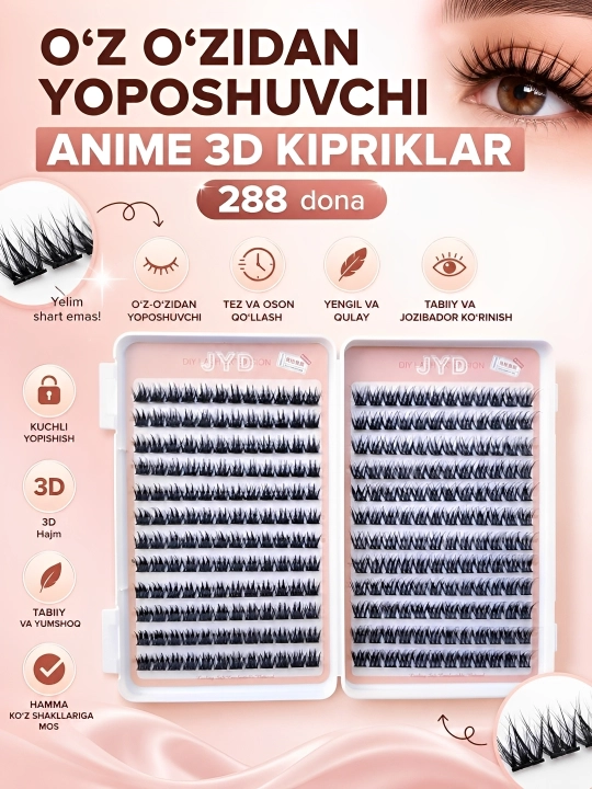 Oʻz-oʻzidan yopishuvchi anime ulama kipriklar toplami, yelim talab qilinmaydi - 