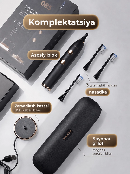 Elektr tish cho‘tkasi Revyline RL 085, tovushli, 5 rejim, bosim sensori, 3 nasadka
