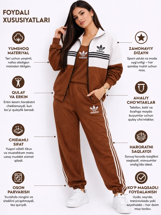 Ayollar sport kostyumi jigarrang oq ikki qismli zip olimpiyka va shim oversize