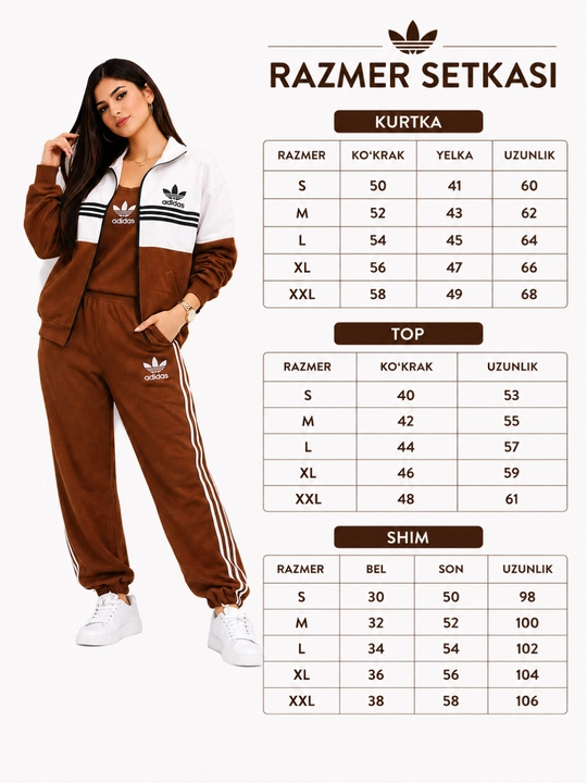 Ayollar sport kostyumi jigarrang oq ikki qismli zip olimpiyka va shim oversize