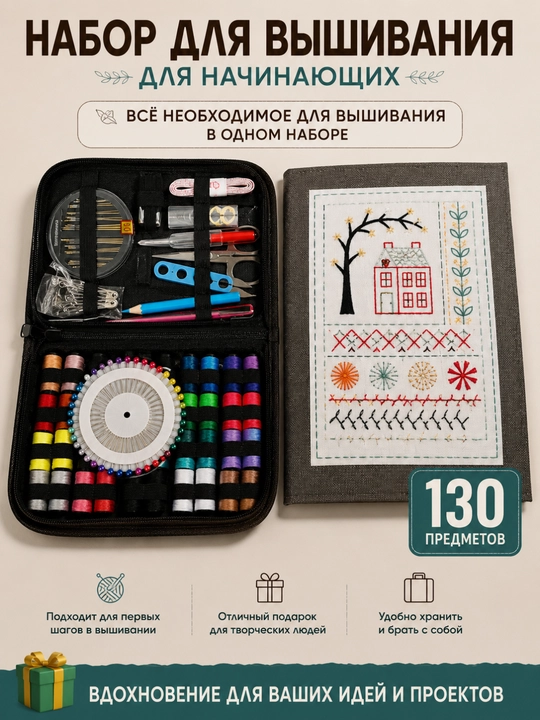 Boshlovchilar uchun kashta tikish to‘plami, choklar kitobi, iplar va DIY asboblar - 