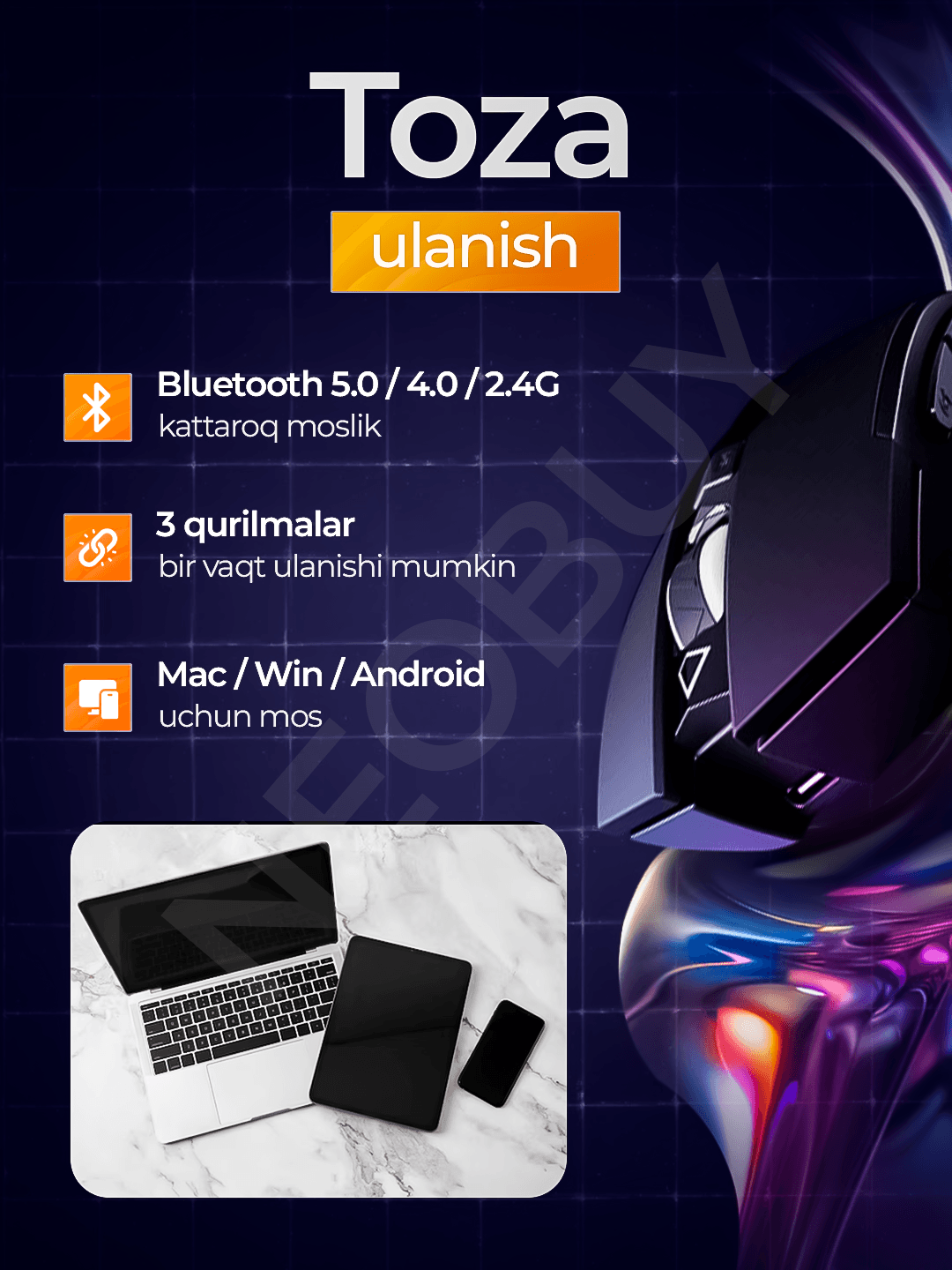 Simsiz INPHIC A1 sichqoncha, batareyali Bluetooth o‘yin sichqonchasi, 1600 DPI