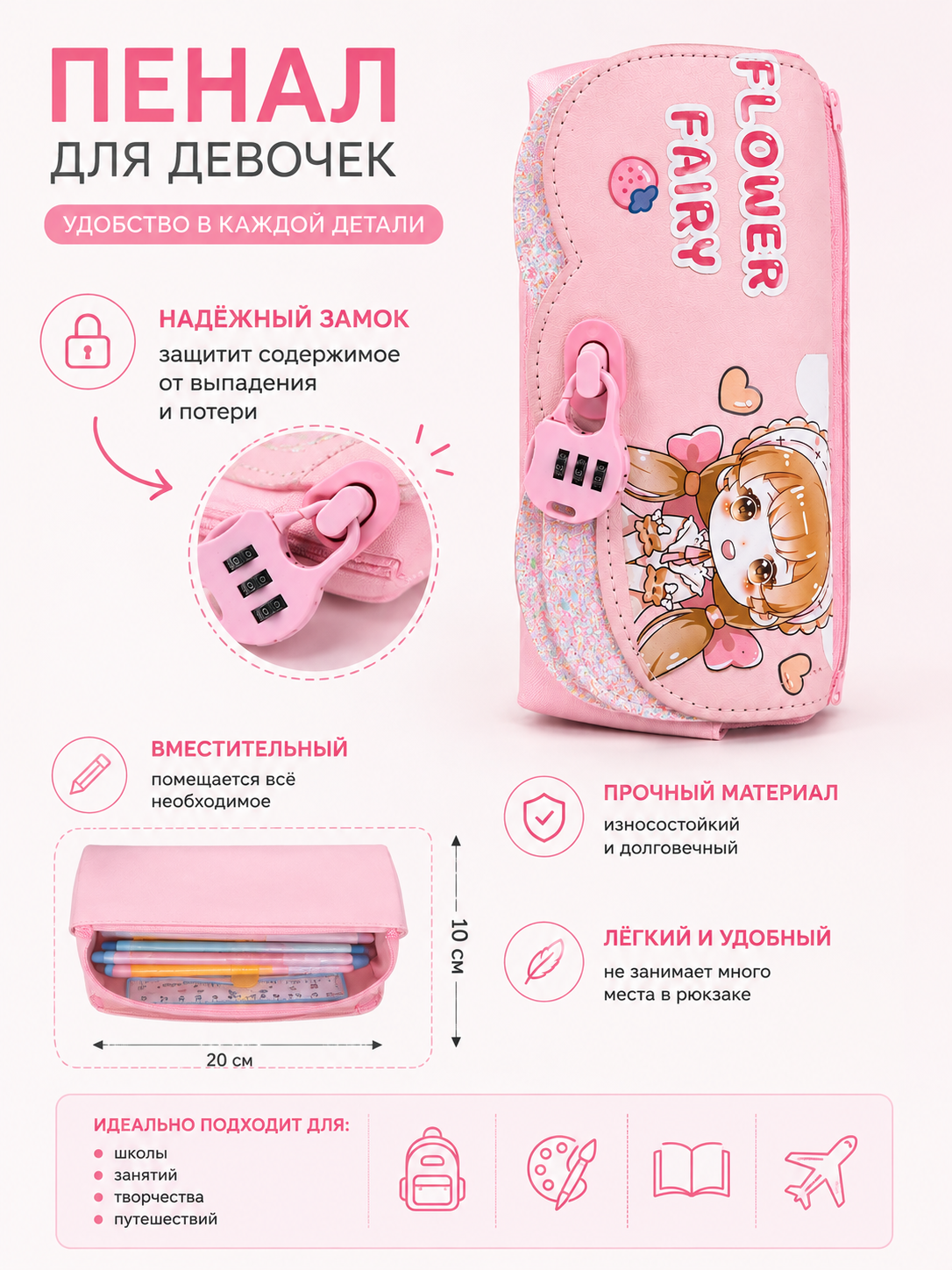 Пенал школьный для девочек с кодовым замком, вместительный