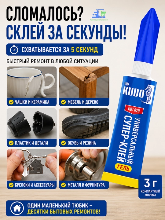 Супер клей-гель универсальный KUDO HOME 3 г — цианоакрилатный, прозрачный