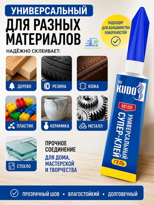 Супер клей-гель универсальный KUDO HOME 3 г — цианоакрилатный, прозрачный