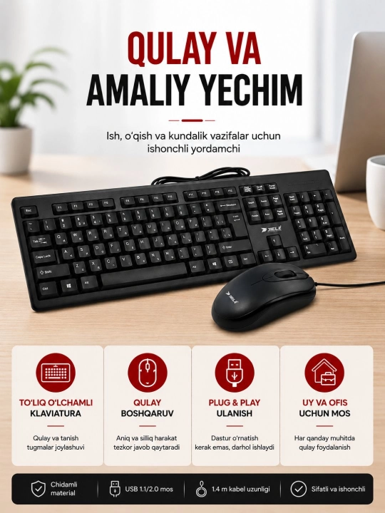 Sichqoncha va klaviatura to‘plami simli,yoritgichli/Klassik ofis va o'yin uchun