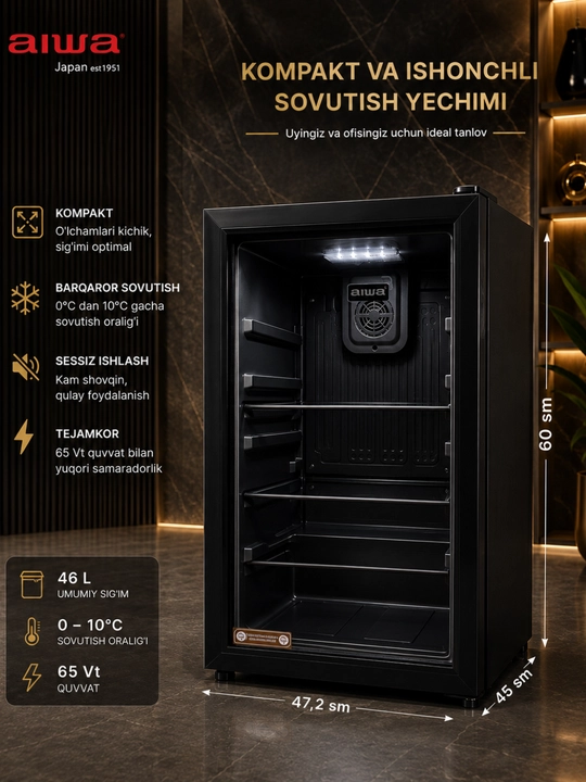 Aiwa mini sovutgichi, 46 litr, shisha eshik, 0–10°C sovutish, 65 Vt