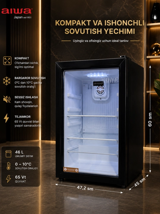 Мини-холодильник Aiwa 46 л, стеклянная дверца, охлаждение 0–10°C, 65 Вт - 