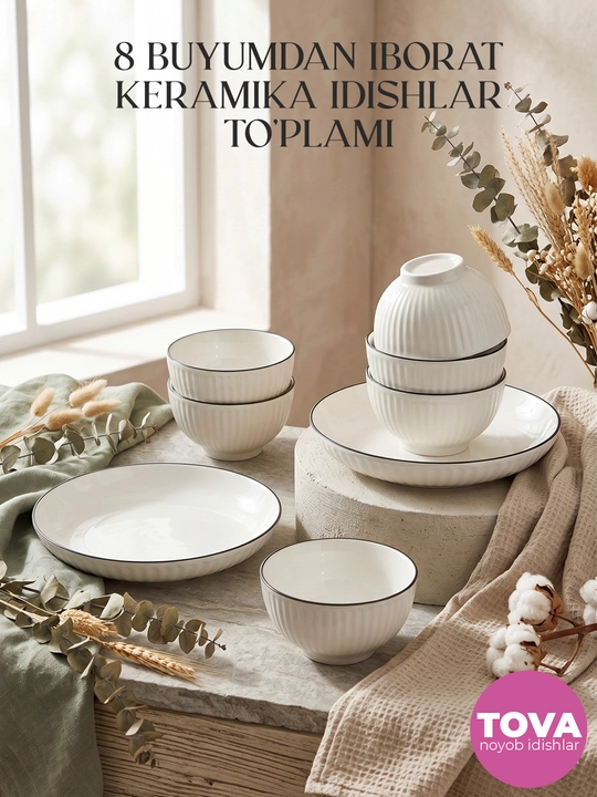 Керамический столовый сервиз с черным кантом и рифленой фактурой, 8 предметов