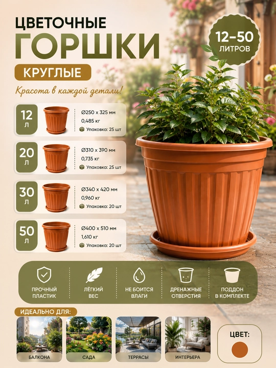 Круглый пластиковый горшок 12, 20, 30 и 50 литров - 