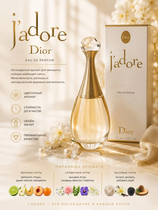 Парфюмерная вода Dior J'adore женская 100 мл — стойкий цветочно-фруктовый аромат - 