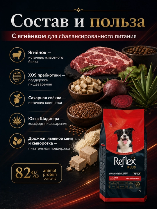 Reflex Plus сухой корм для собак средних и больших пород  с ягнёнком и рисом 12 КГ