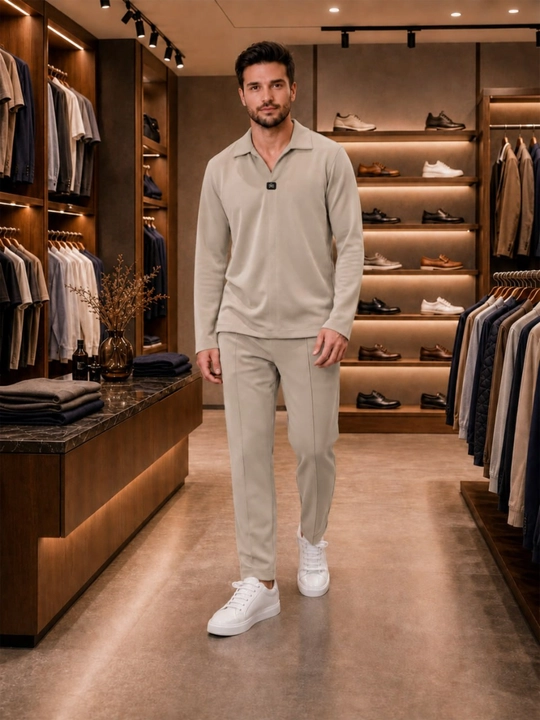Мужской костюм двойка с поло с длинным рукавом и прямыми брюками, smart casual
