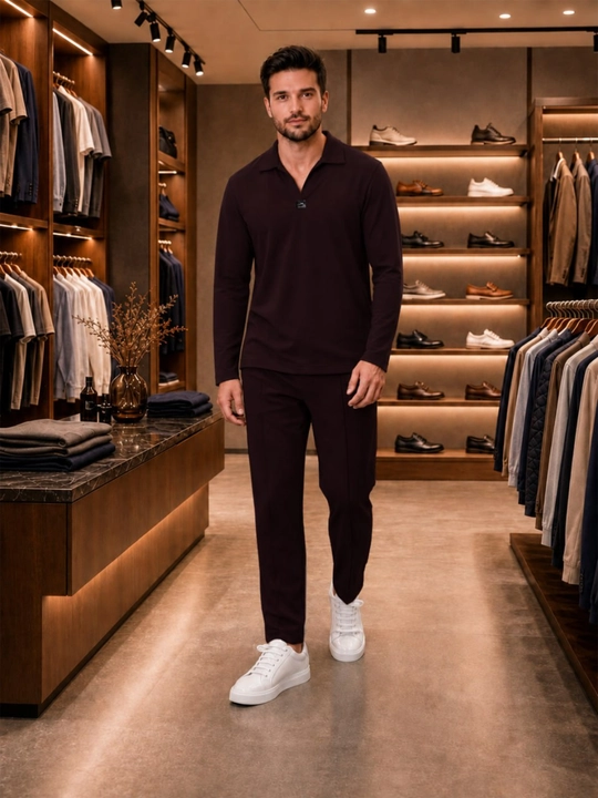 Мужской костюм двойка с поло с длинным рукавом и прямыми брюками, smart casual