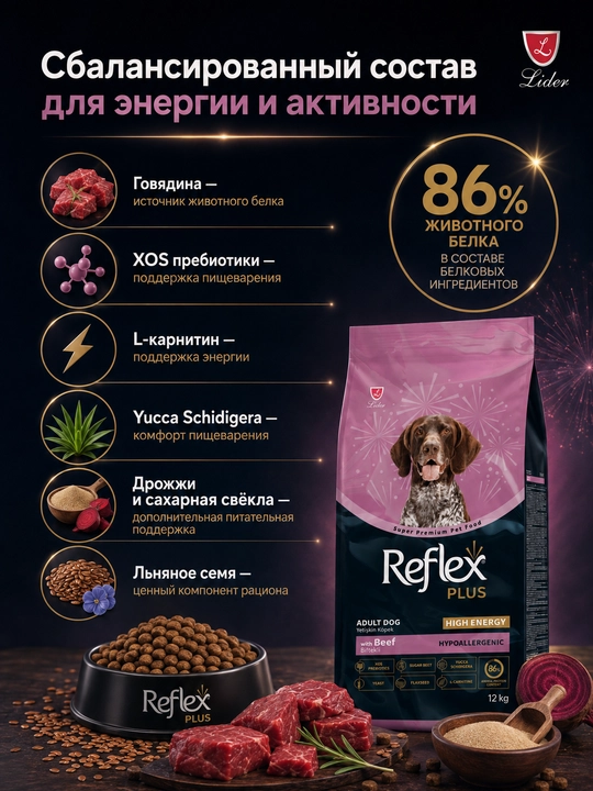 Reflex Plus сухой корм для собак средних и больших пород  с говядиной 12 КГ